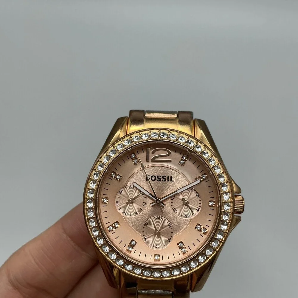 Fossil Womens Watch 38mm Rose Gold Tone Dial Crystal Bezel New Battery 6.75